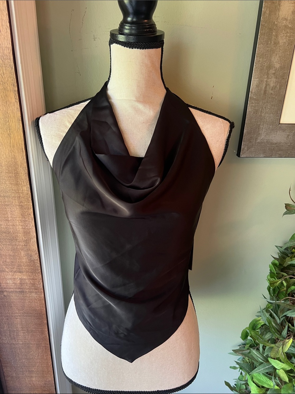 Moa Moa Black Satin Halter Cowl Neck Top